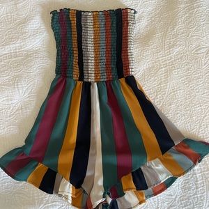 multi color strapless romper